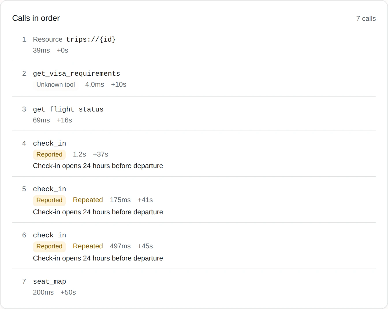 One session where the agent calls check_in again with the same arguments after being told check-in is not open